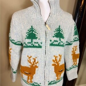 American Eagle Outfitters Cream Cardigan with Green and Brown Patterns